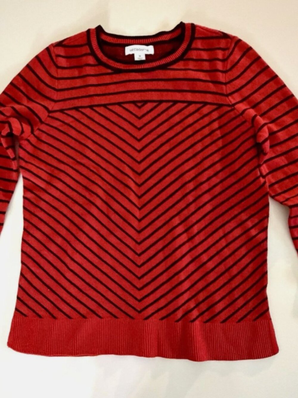 Liz Claiborne Women's Medium Herringbone Pattern Red & Black Striped Sweater